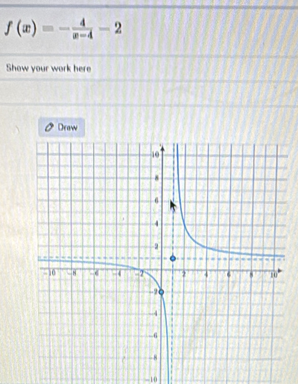 f(x)=- 4/x-4 -2
Show your work here 
Draw
-10