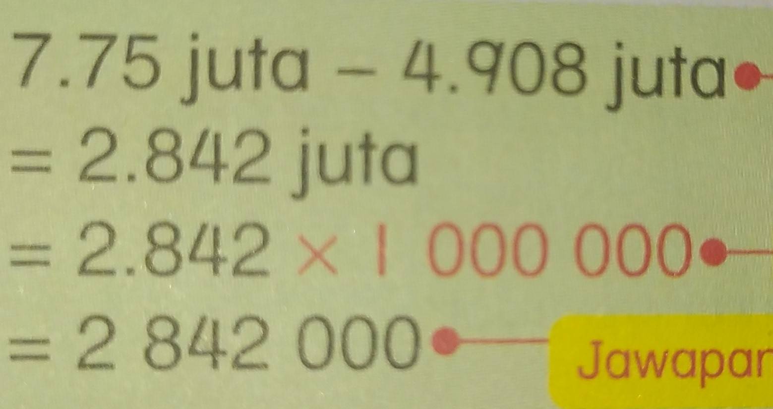 1 5 juta -4. 908 juta
=2.842 juta
=2.842* 1000000
=2842000
Jawapar