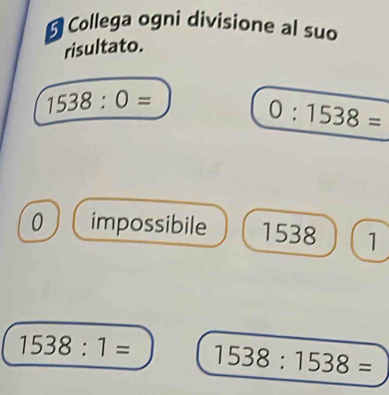 Collega ogni divisione al suo
risultato.
1538:0=
0:1538=
0 impossibile 1538 1
1538:1=
1538:1538=