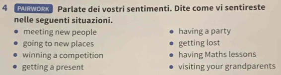 PAIRWORK Parlate dei vostri sentimenti. Dite come vi sentireste
nelle seguenti situazioni.
meeting new people having a party
going to new places getting lost
winning a competition having Maths lessons
getting a present visiting your grandparents