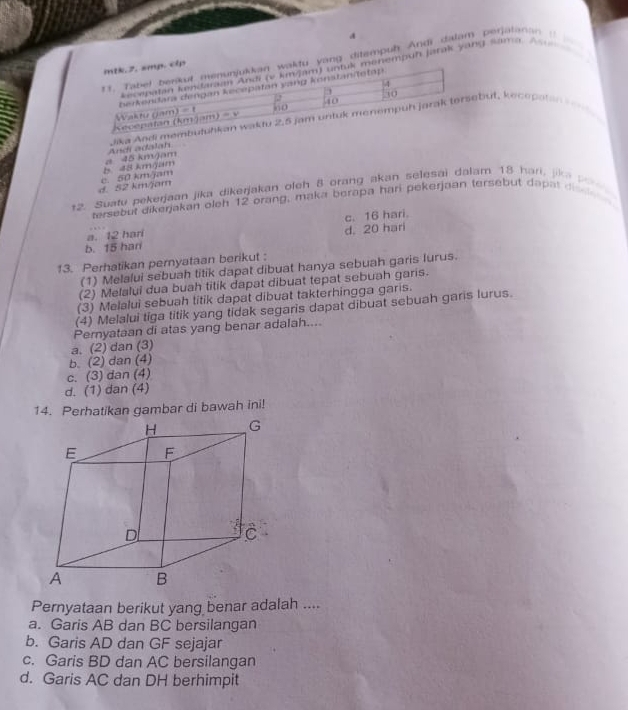 Tabel berkut menurjukkan wakfu yang ditempul Andi dalam perjatanan i    
mtk.2. smp. clp
Aecepatan kendaraam Andi (v kmžam) untuk menempuḥ Jarak yong sama 
4
berkendara dengan kecepatan yang konstan/totop
, 
Kecepatan (kmájam) Waktu (am) =1 =y n o 440 30
Andi adalah Jika Andi membutuhkan waktu 2.5 jam untuk menempuh jarak torsebut, kecopatan
d. 52 km/jam c. 50 km/jam b. 48 kmgam a 45 km/jam
12. Suatu pekerjaan jika dikerjakan oleh 8 orang akan selesai dalam 18 hari, jika  
tersebut dikerjakan oleh 12 orang, maka berapa hari pekerjaan tersebut dapat de
a. 12 hari c. 16 hari.
b. 15 hari d. 20 hari
13. Perhatikan pernyataan berikut :
(1) Melalui sebuah titik dapat dibuat hanya sebuah garis lurus.
(2) Melalui dua buah titik dapat dibuat tepat sebuah garis.
(3) Melalui sebuah titik dapat dibuat takterhingga garis.
(4) Melalui tiga titik yang tidak segaris dapat dibuat sebuah garis lurus.
Pernyataan di atas yang benar adalah....
a. (2) dan (3)
b. (2) dan (4)
c. (3) dan (4)
d. (1) dan (4)
14. Perhatikan gambar di bawah ini!
Pernyataan berikut yang benar adalah ....
a. Garis AB dan BC bersilangan
b. Garis AD dan GF sejajar
c. Garis BD dan AC bersilangan
d. Garis AC dan DH berhimpit