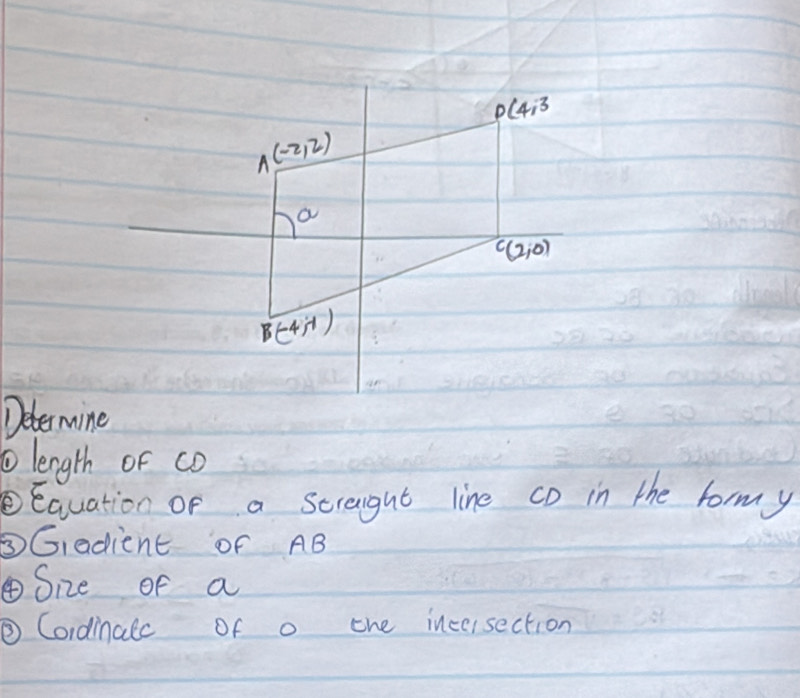 p(4,3
A(-2,2)
a
C(2,0)
B(-4,-1)
Deter mine 
o length or co 
Equation of a screight line cD in the formy 
⑤Giadient of AB
④Size of a 
②Cordinalc of o the incersection