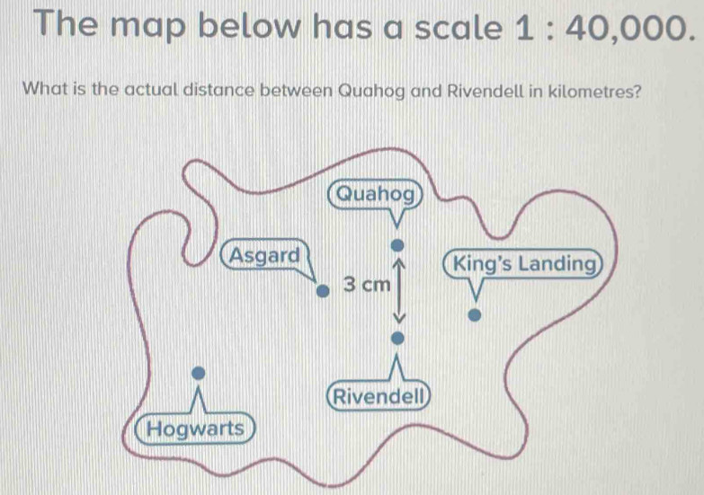 The map below has a scale 1:40,000. 
What is the actual distance between Quahog and Rivendell in kilometres?