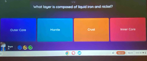 What layer is composed of liquid iron and nickel?
Outer Core Mantle Crust Inner Core