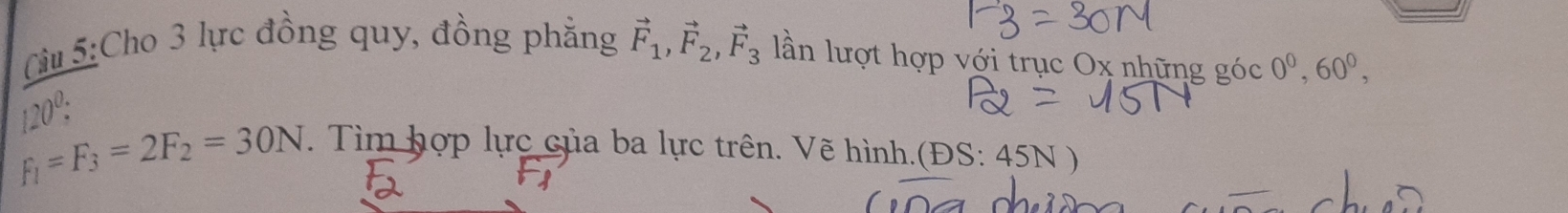 Cu 5:Cho 3 lực đồng quy, đồng phẳng vector F_1, vector F_2, vector F_3 lần lượt hợp với trục Ox những góc 0^0, 60^0,
120^0 : F_1=F_3=2F_2=30N. Tìm hợp lực của ba lực trên. Vẽ hình.(ĐS: 45N )