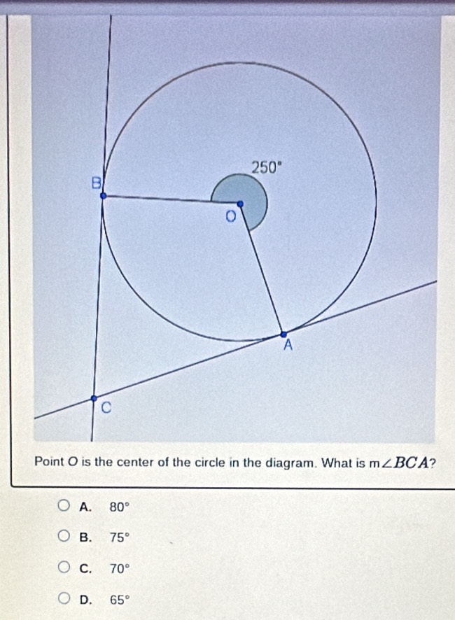 ?
A. 80°
B. 75°
C. 70°
D. 65°