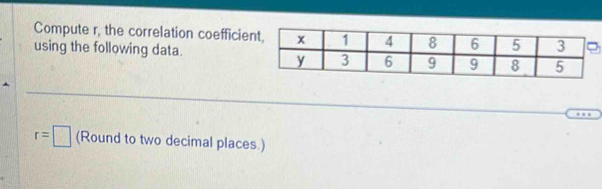 Compute r, the correlation coefficien 
using the following data.
r=□ (Round to two decimal places.)
