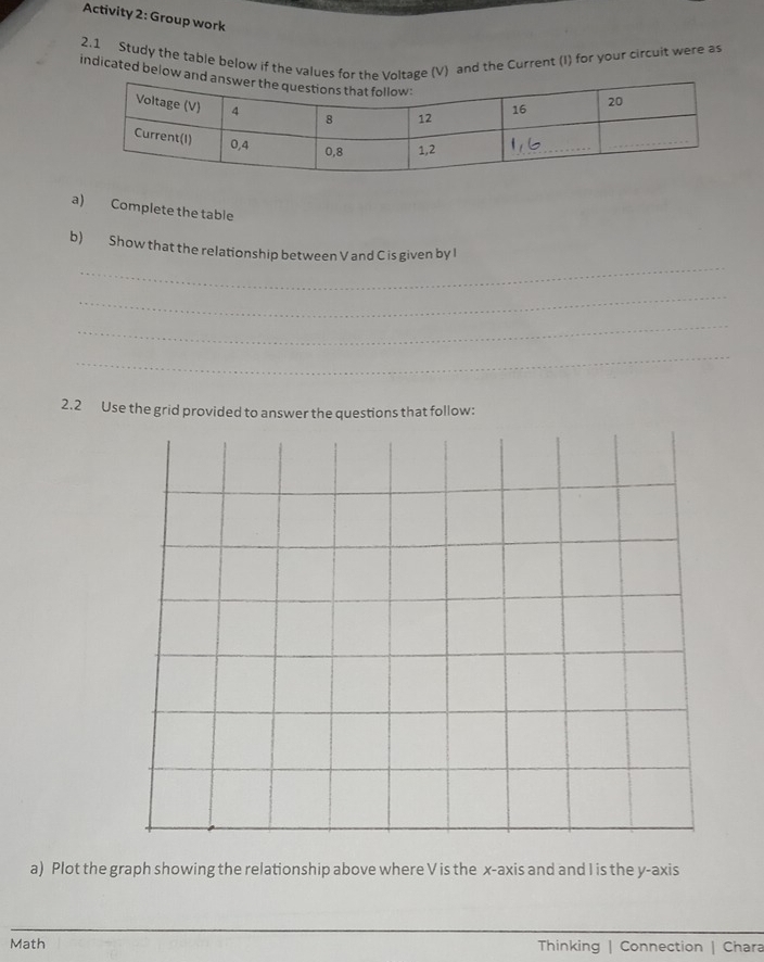 Activity 2: Group work 
2.1 Study the table below if the values for the Voltage (V) and the Current (I) for your circuit were as 
indicated below an 
a) Complete the table 
_ 
b) Show that the relationship between V and C is given by I
_ 
_ 
_ 
2.2 Use the grid provided to answer the questions that follow: 
a) Plot the graph showing the relationship above where V is the x-axis and and I is the y-axis 
_ 
__ 
Math Thinking | Connection | Chara