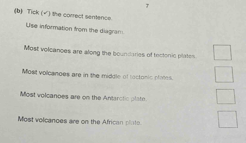 7
(b) Tick (√) the correct sentence.
Use information from the diagram.
Most volcanoes are along the boundaries of tectonic plates.
Most volcanoes are in the middle of tectonic plates.
Most volcanoes are on the Antarctic plate.
Most volcanoes are on the African plate.