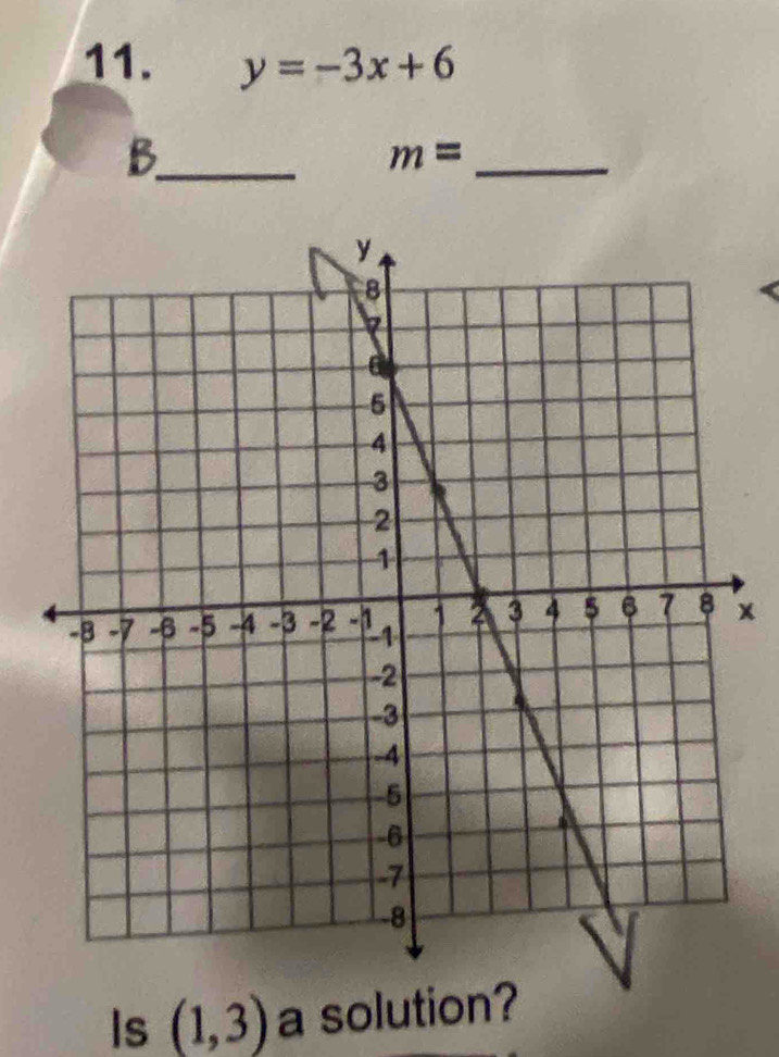 y=-3x+6
_B
m= _
x
Is (1,3) a solution?