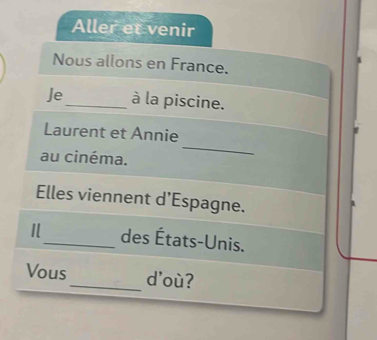 Aller et venir 
Nous allons en France. 
Je 
_à la piscine. 
Laurent et Annie 
au cinéma. 
_ 
Elles viennent d’Espagne. 
I 
_des États-Unis. 
Vous_ d'où?