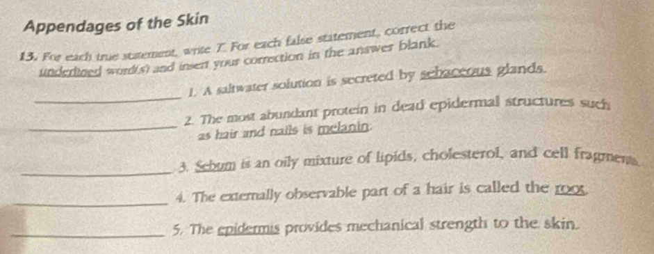 Appendages of the Skin 
13. For each true statement, write T. For each false statement, correct the 
undertned word(s) and insen your correction in the answer blank. 
_ 
1. A saltwater solution is secreted by schaceous glands. 
2. The most abundant protein in dead epidermal structures such 
_as hair and nails is melanin. 
_ 
3. Schum is an oily mixture of lipids, cholesterol, and cell fragments 
_4. The externally observable part of a hair is called the mo 
_5. The epidermis provides mechanical strength to the skin.