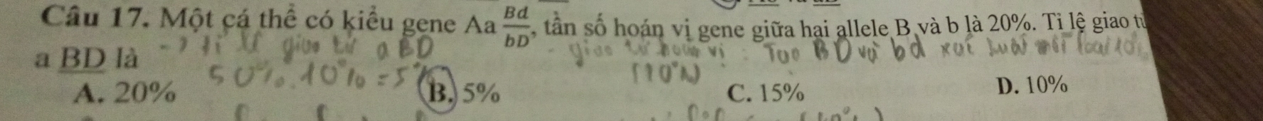 Một cá thể có kiểu gene Aa  Bd/bD  , tân số hoán vị gene giữa hai allele B và b là 20%. Tỉ lệ giao từ
a BD là
A. 20% B. 5% C. 15% D. 10%