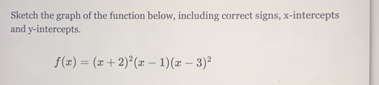 Sketch the graph of the function below, including correct signs, x-intercepts 
and y-intercepts.
f(x)=(x+2)^2(x-1)(x-3)^2