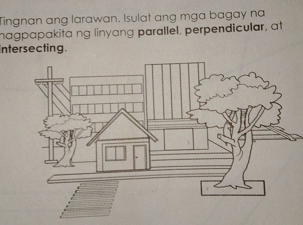 Tingnan ang larawan. Isulat ang mga bagay na 
magpapakita ng linyang parallel, perpendicular, at 
intersecting.