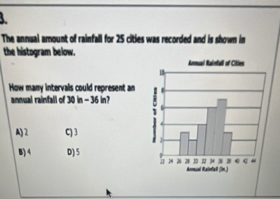 The annual amount of rainfall for 25 cities was recorded and is shown in
the histogram below.
How many intervals could represent an
annual rainfall of 30 in - 36 in?
A) 2 C) 3
B) 4 D) 5