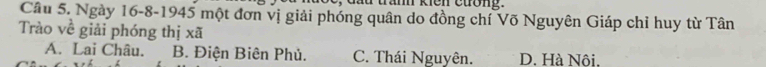 kiên cương.
Câu 5. Ngày 16 -8-1945 một đơn vị giải phóng quân do đồng chí Võ Nguyên Giáp chỉ huy từ Tân
Trào về giải phóng thị xã
A. Lai Châu. B. Điện Biên Phủ. C. Thái Nguyên. D. Hà Nội,