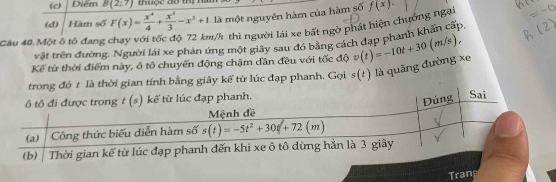 (c) Điểm B(2;7) thuộc đo thị n
(d) Hàm số F(x)= x^4/4 + x^3/3 -x^2+1 là một nguyên hàm của hàm số f(x)·
Câu 40 Một ô tổ đang chạy với tốc độ 72 km/h thì người lái xe bất ngờ phát hiện chướng ngại
vật trên đường. Người lái xe phản ứng một giây sau đó bằng cách đạp phanh khẩn cấp,
Kể từ thời điểm này, ô tô chuyển động chậm dần đều với tốc độ v(t)=-10t+30(m/s),
h bằng giây kế từ lúc đạp phanh. Gọi s(t) là quãng đường xe
Tran