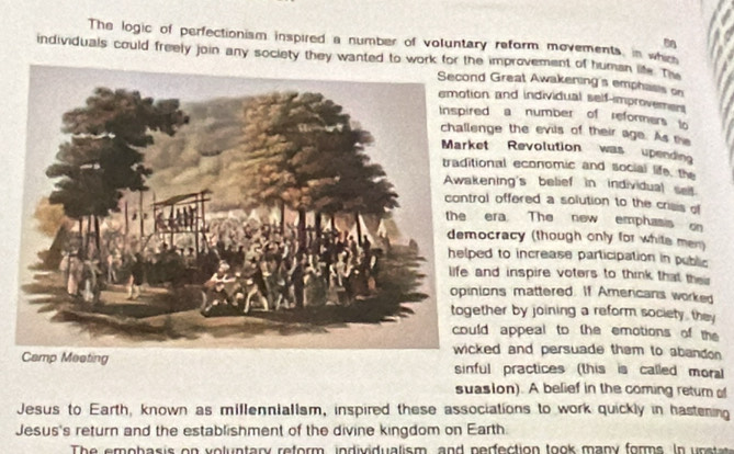 The logic of perfectionism inspired a number of voluntary reform movements, in which 
B 
individuals could freely join any society they wanted to work for the improvement of human life. The 
d Great Awakening's emphasis on 
on and individual self-improvement 
d a number of reformers to 
nge the evils of their age. As m 
t Revolution was upending 
onal economic and social life, the 
ening's belief in individual seit 
ol offered a solution to the crisis of 
era The new emphasis on 
ocracy (though only for white men) 
ed to increase participation in public 
and inspire voters to think that their 
ions mattered. If Americans worked 
ther by joining a reform society, they 
ld appeal to the emotions of the 
ked and persuade tham to abandon . 
sinful practices (this is called moral 
suasion). A belief in the coming retum 
Jesus to Earth, known as millenniallsm, inspired these associations to work quickly in hastening 
Jesus's return and the establishment of the divine kingdom on Earth. 
The em ohasis on v ol ntary reform , individualism, and nerfection took man y forms . I u e