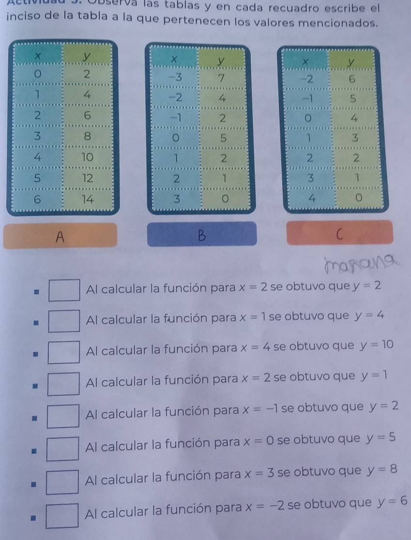 Actividad 3. Observá las tablas y en cada recuadro escribe el
inciso de la tabla a la que pertenecen los valores mencionados.






A
B
. Al calcular la función para x=2 se obtuvo que y=2
Al calcular la función para x=1 se obtuvo que y=4
Al calcular la función para x=4 se obtuvo que y=10
Al calcular la función para x=2 se obtuvo que y=1
Al calcular la función para x=-1 se obtuvo que y=2
Al calcular la función para x=0 se obtuvo que y=5
Al calcular la función para x=3 se obtuvo que y=8
Al calcular la función para x=-2 se obtuvo que y=6