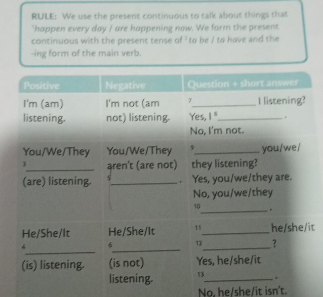 RULE: We use the present continuous to talk about things that 
`happen every day / are happening now. We form the present 
continuous with the present tense of ' to be / to have and the 
-ing form of the main verb. 
t 
No, he/she/it isn't.