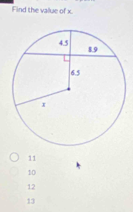 Find the value of x.
11
10
12
13