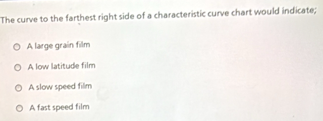 The curve to the farthest right side of a characteristic curve chart would indicate;
A large grain film
A low latitude film
A slow speed film
A fast speed film