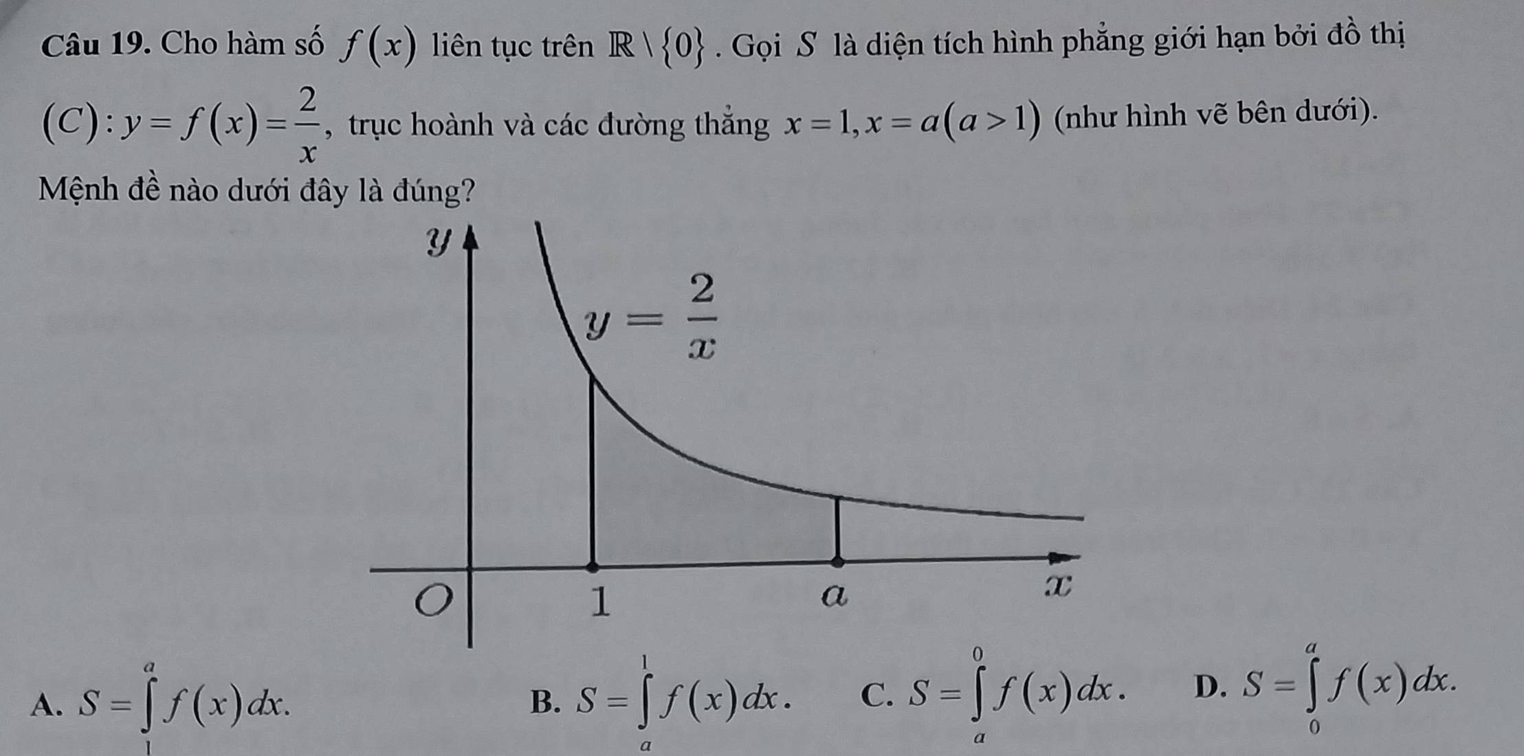 Cho hàm số f(x) liên tục trên R| 0 Gọi S là diện tích hình phẳng giới hạn bởi đồ thị
(C): y=f(x)= 2/x  , trục hoành và các đường thẳng x=1,x=a(a>1) (như hình vẽ bên dưới).
Mệnh đề nào dưới đây là đúng?
A. S=∈tlimits _a^af(x)dx. S=∈tlimits _a^1f(x)dx. C. S=∈tlimits _a^0f(x)dx. D. S=∈tlimits _0^af(x)dx.
B.