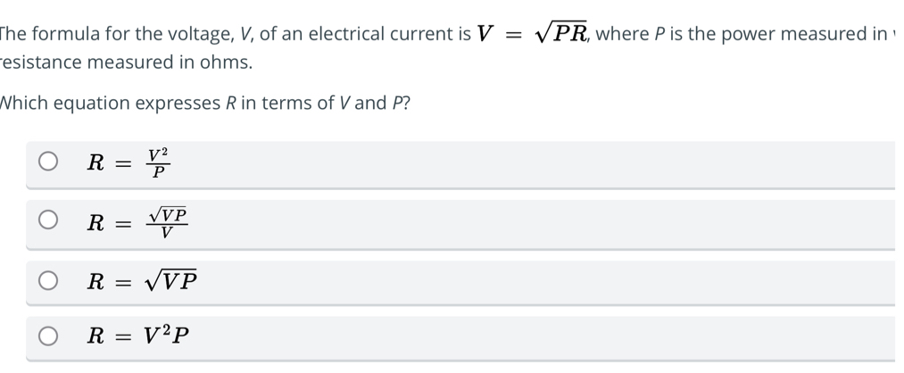 Solved: The formula for the voltage, V, of an electrical current is V ...
