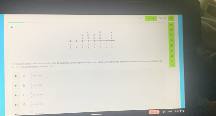 of 10 Ned  306 11
4
The line plot shows what fraction of a mile 13 students ran during their fitness test. What is the difference between the shortest distance a student ran
and the longest distance a student ran?
A  3/8  of a mile
B  1/4  of a mile
C  7/8  of a mile
 3/8  of a mile
= 11 of a mile Oet 8