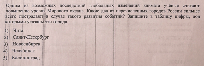 Одним из возможных последствий глобальных изменений климата учёные считают
ловьеπлеение уровня Мирового океана. Какие два из перечисленньх городов России сильнее
всего πостралают в случае такого развития событий? Заπишите в таблицу цифры, πод
которыми указаны эти города.
1) чита
2) Cанкт-Πетербург
3) Новосибирск
4) Челябинск
5) Κалининград