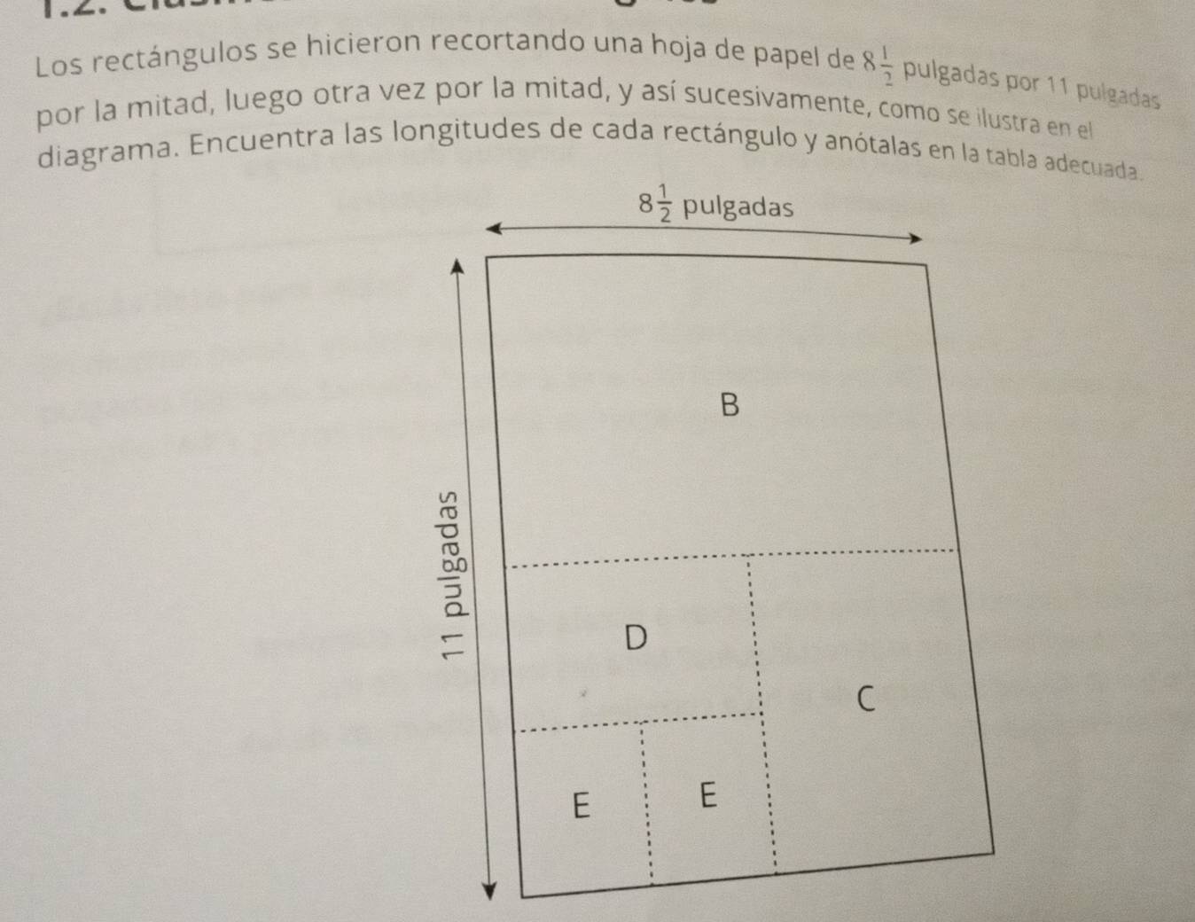 Los rectángulos se hicieron recortando una hoja de papel de 8 1/2  pulgadas por 11 pulgadas 
por la mitad, luego otra vez por la mitad, y así sucesivamente, como se ilustra en el 
diagrama. Encuentra las longitudes de cada rectángulo y anótalas en la tabla adecuada.
8 1/2  pulgadas 
B 
D 
C 
E 
E