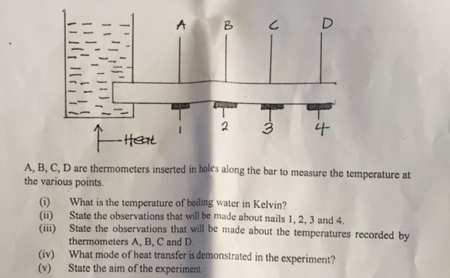 A, B, C, D are thermometers inserted in holes along the bar to measure the temperature at 
the various points. 
(i) What is the temperature of boiling water in Kelvin? 
(ii) State the observations that will be made about nails 1, 2, 3 and 4. 
(iii) State the observations that will be made about the temperatures recorded by 
thermometers A, B, C and D. 
(iv) What mode of heat transfer is demonstrated in the experiment? 
(v) State the aim of the experiment.