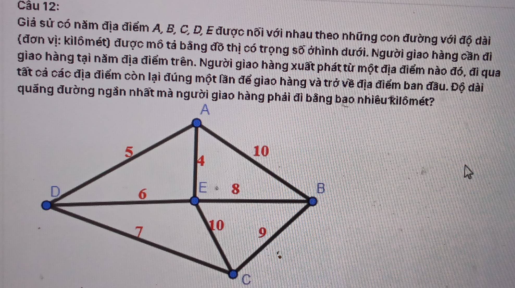 Giả sử có năm địa điểm A, B, C, D, E được nối với nhau theo những con đường với độ dài 
(đơn vị: kilômét) được mô tả bằng đồ thị có trọng số ởhình dưới. Người giao hàng căn đi 
giao hàng tại năm địa điểm trên. Người giao hàng xuất phát từ một địa điểm nào đó, đi qua 
tất cả các địa điểm còn lại đúng một lần để giao hàng và trở về địa điểm ban đầu. Độ dài