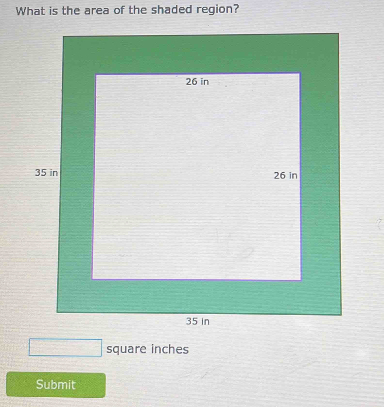 What is the area of the shaded region? 
square inches 
Submit