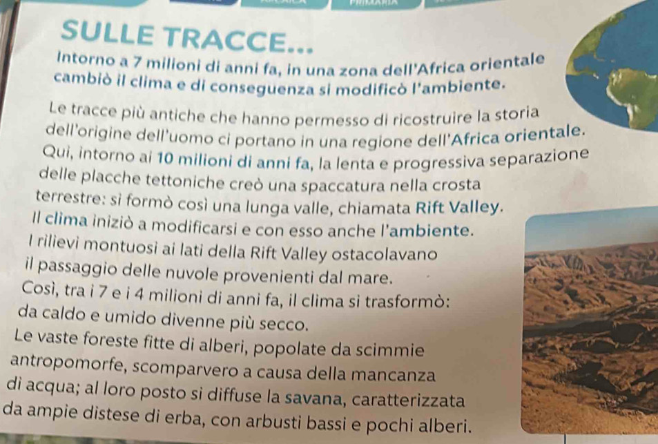 SULLE TRACCE... 
Intorno a 7 milioni di anni fa, in una zona dell'Africa orientale 
cambiò il clima e di conseguenza si modificò l'ambiente. 
Le tracce più antiche che hanno permesso di ricostruire la storia 
dell’origine dell'uomo ci portano in una regione dell'Africa orient 
Qui, intorno ai 10 milioni di anni fa, la lenta e progressiva separazione 
delle placche tettoniche creò una spaccatura nella crosta 
terrestre: si formò così una lunga valle, chiamata Rift Valley. 
Il clima iniziò a modificarsi e con esso anche l'ambiente. 
I rilievi montuosi ai lati della Rift Valley ostacolavano 
il passaggio delle nuvole provenienti dal mare. 
Così, tra i 7 e i 4 milioni di anni fa, il clima si trasformò: 
da caldo e umido divenne più secco. 
Le vaste foreste fitte di alberi, popolate da scimmie 
antropomorfe, scomparvero a causa della mancanza 
di acqua; al loro posto si diffuse la savana, caratterizzata 
da ampie distese di erba, con arbusti bassi e pochi alberi.