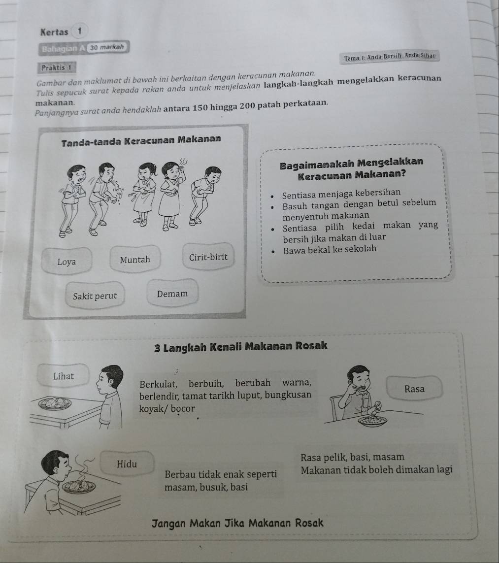 Kertas 1
Bahagian A 30 markeh
Tema 1: Anda Bersih Anda Sihat
Praktis 1
Gambar dan maklumat di bawah ini berkaitan dengan keracunan makanan.
Tulis sepucuk surat kepada rakan anda untuk menjelaskan langkah-langkah mengelakkan keracunan
makanan.
Panjangnya surat anda hendaklah antara 150 hingga 200 patah perkataan.
Bagaimanakah Mengelakkan
Keracunan Makanan?
Sentiasa menjaga kebersihan
Basuh tangan dengan betul sebelum
menyentuh makanan
Sentiasa pilih kedai makan yang
bersih jika makan di luar
Bawa bekal ke sekolah
3 Langkah Kenali Makanan Rosak
Berkulat, berbuih, berubah warna,
Rasa
berlendir, tamat tarikh luput, bungkusan
koyak/ bọcor
Hidu Rasa pelik, basi, masam
Berbau tidak enak seperti Makanan tidak boleh dimakan lagi
masam, busuk, basi
Jangan Makan Jika Makanan Rosak