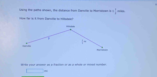 Using the paths shown, the distance from Danville to Morristown is 1 1/2 miles.
How far is it from Danville to Hillsdale?
Write your answer as a fraction or as a whole or mixed number.
□ ml