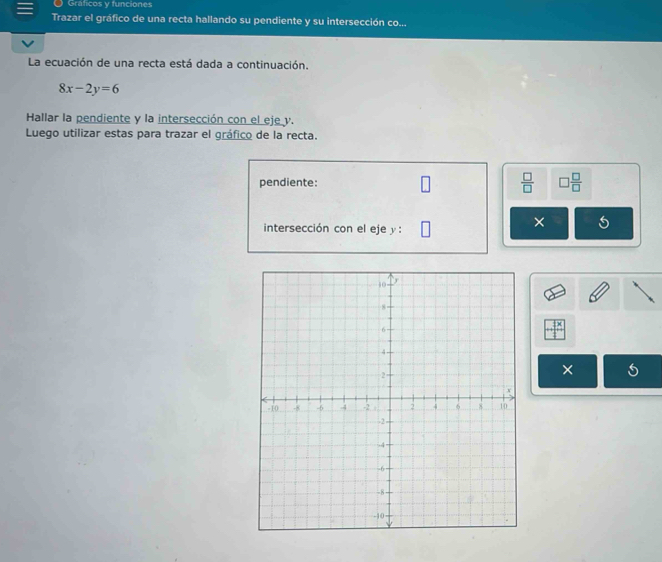 Gráficos y funciones 
Trazar el gráfico de una recta hallando su pendiente y su intersección co... 
La ecuación de una recta está dada a continuación.
8x-2y=6
Hallar la pendiente y la intersección con el eje v. 
Luego utilizar estas para trazar el gráfico de la recta. 
pendiente:  □ /□   □  □ /□  
intersección con el eje y : 
× 
1 
×