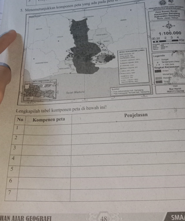 Menemutunjukkan komponen peta yang ada pada pell 
Peno=OIAN ProPer GuPu GeoGral  
gg
KM
Preska: : Unteersal Tanráries Morças 
n
163171702106 iri
HAN AIAR GEOGRAFI 48 SMA