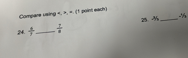 Compare using , , =. (1 point each) 
24.  6/7  _  7/8  25. -¾ _
-½