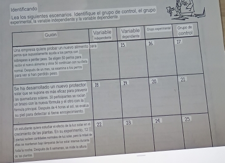 Identificando 
Lea los siguientes escenarios. Identifique el grupo de control, el grupo 
le dependiente. 
de i plas .