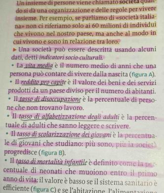 Un insieme di persone viene chiamato sociéta quan 
do si dà una organizzazione e delle regole per vivere 
insieme. Per esempio, se parliamo di «società italia- 
na» non ci riferiamo solo ai 60 milioni di individui 
che vivono nel nostro paese, ma anche al modo in 
cui vivono e sono in relazione tra loro. 
Una società può essere descritta usando alcuni 
dati, detti indicatori socio-culturali. 
* La vita media è il numero medio di anni che una 
persona può contare di vivere dalla nascita (figura A). 
* Il reddito pro capite è il valore dei beni e dei servizi 
prodotti da un paese diviso per il numero di abitanti. 
Il tasso di disoccupazione è la percentuale di perso- 
ne che non trovano lavoro. 
* Il tasso di alfabetizzazione degli adultiè la percen- 
tuale di adulti che sanno leggere e scrivere. 
* Il tasso di scolarizzazione dei giovani è la percentua- 
le di giovani che studiano: più sono, più la società 
progredisce (figura B). 
• Il tasso di mortalità infantile è definito come la per 
centuale di neonati che muoiono entro il primo 
anno di vita: il valore è basso se il sistema sanitario è 
efficiente (figura C) e se l'abitazione l'alimentazion e