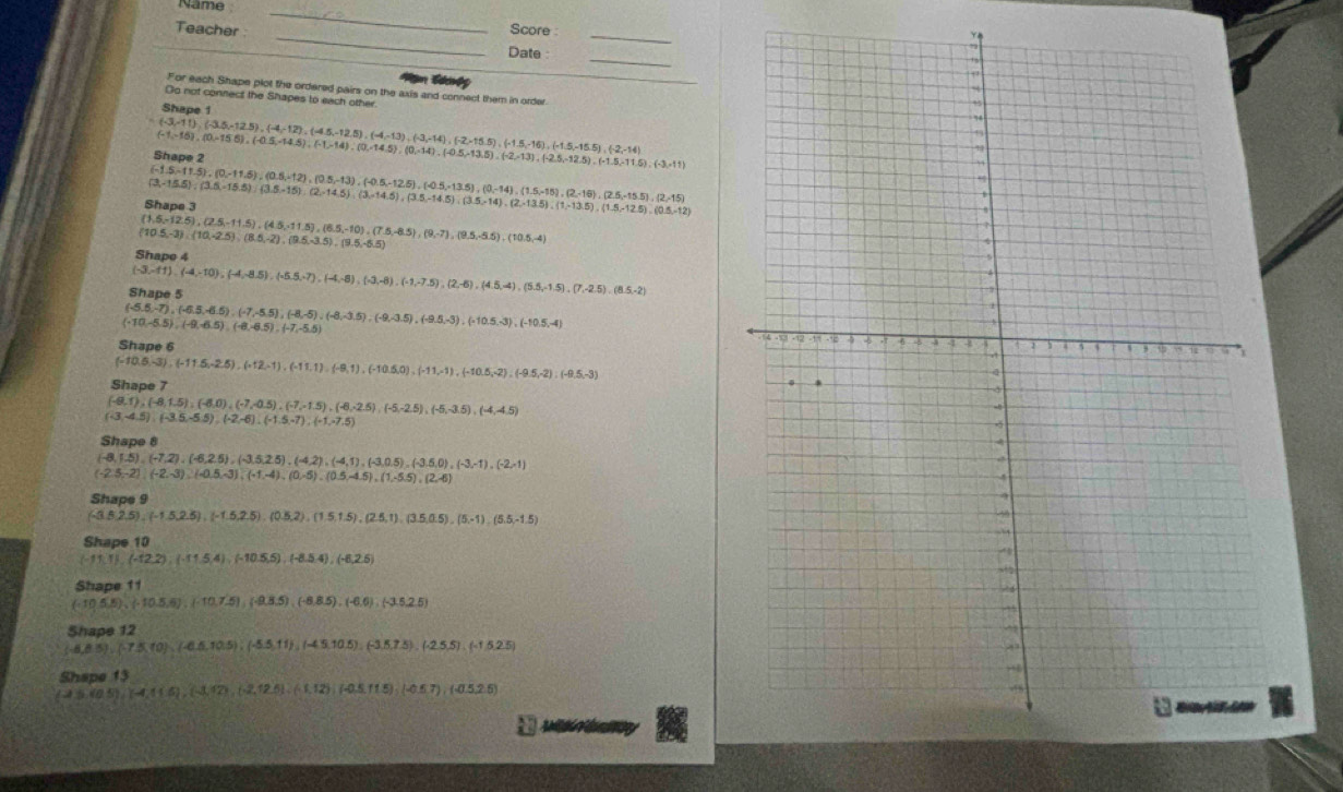 Name
_
Score
Teacher _Date:_
`
_
   
For each Shape plot the ordered pairs on the axis and connect them in order.
Oo not connect the Shapes to each other.
Shape 1
(-3,-11),(-3.5,-12.5),(-4,-12),(-4,-13),(-3,-14),(-2,-15.5),(-1.5,-15.5),(-2,-14) Shape (-1,-16),(0,-15.6),(-0.5,-14.5),(-1,-14),(0,14.5),(0.14),(-0.5,-13.5),(-2,12.5),(-1.5,-11.5),(-1.5),(-3,41)
Shape 3 (3,-15.5),(3.5-15),(3.5-14.5),(3,-14.5),(3.5,14),(2,-13.5),(1,-13,12.5),(0.5,-12) (-1.5,-11.5),(0,-11.5),(0.5,-12),(0.5,-13),(-0.5,-12.5),(0.5,13.5),(0,-14),(1.5,-15),(2.16),(2.5,-15.5),(2,-15)
(1,5,-12.5),(2.5,-11.5),(4.5,-11.5),(6.5,-10),(7.5,-8.5),(9,-7),(9.5,-5.5),(10.5,-4)
(10.5,-3),(10.-2.5),(8.5,-2),(9.5,-3.5),(9.5,-5.5)
Shape 4
Shape 5 (-3,-11),(-4,-10),(-4,-8.5),(-5.5,-7),(-4,-8),(-1,-7.5),(2,-6),(4.5,4),(5),(7,-2.5,-1.5),(8.5,-2)
(-5.5,-7endpmatrix ,(-5,-6.5),(-7,-5.5),(-8,-5),(-8,-3,5),(-9,-3,-5),(-10,5,-4)
(-10,-5.5),(-9,-6.5),(-8,-6.5),(-7,-5.5)
Shape 6
(-10.5,-3),(-11.5,-2.5),(+12,-1),(-1),1),(-10.5,0),(-11,-1),(-10.5,-2),(-9.5,-3)
Shape 7
(-8,1),(-8,1.5),(-8,0),(-7,-0.5),(-7,-1.5),(-6,-2.5),(-5,-3.5),(-4,4.5)
(-3,-4,5),(-3,5,-5.5),(-2,-6),(-1.5,-7),(-1,-7.5)
Shape 8
(-8,1.5),(-7,2),(-6,2.5),(-3,5,2.5),(-4,2),(-4,1),(-3,0,5),(-3,-1),(-2,-1)
(-2.5,-2),(-2,-3),(-0.5,-3),(-1,-4),(0,-5),(0.5,-4.5),(1,-5.5),(2,-6)
Shape 9
(-0.5,2.5endpmatrix ,(-1.5,2.5),(-1.5,2.5),(0.5,2),(1.5,1.5),(2.5,1),(3.5,0.5),(5,-1.5)
Shape 10
(-11,1),(-12,2),(-11.5,4),(-10.5,5),(-8,5,4),(-6,2,6)
Shape 11
(-10.5,5),(-10.5,6),(-10.7,5),(-8.8.5),(-8.6),(-3.5,2.5)
Shape 12
(-6,8,8.5),(-7.5,10),(-10.5),(-5.5,11),(-45,10.5),(-3,5,7.5),(-1.5,2.5)
Shape 13
(-4,5,6,5 ,(-4,11,(-3,42),(-2,12.5),(-1,12),(-0.5,11.5),(-0.5,2.5)
 W ally