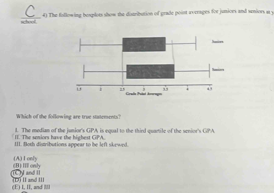 The following boxplots show the distribution of grade point averages for juniors and seniors at y
school.
Which of the following are true statements?
I. The median of the junior's GPA is equal to the third quartile of the senior's GPA
II. The seniors have the highest GPA.
III. Both distributions appear to be left skewed.
(A) I only
(B)Ⅲonly
(C) I and II
(D) Ⅱ and Ⅲ
(E) I,II, and I