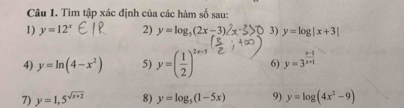 Tìm tập xác định của các hàm số sau: 
1) y=12^x 2) y=log _5(2x-3) 3) y=log |x+3|
4) y=ln (4-x^2) 5) y=( 1/2 )^2x-5
6) y=3^(frac x-1)x+1
7) y=1,5^(sqrt(x+2)) 8) y=log _5(1-5x) 9) y=log (4x^2-9)