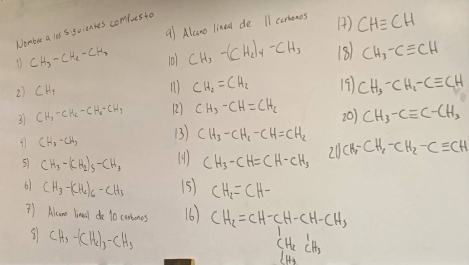 Alcano lined de 11 cartonos 
Nombra a los siguicntes compucsto 
A) CHequiv CH
CH_3-CH_2-CH_3
10) CH_3-(CH_2)_4-CH_3
18) CH_3-Cequiv CH
2) CH_4
11) CH_2=CH_2 19) CH_3-CH_2-Cequiv CH
(2) CH_3-CH=CH_2
3 CH_3-CH_2-CH_2-CH_3 20) CH_3-Cequiv C-CH_3
9 CH_3-CH_3
(3) CH_3-CH_2-CH=CH_2
21 CH_2-CH_2-CH_2-Cequiv CH
5 CH_3-(CH_2)_5-CH_3
(9) CH_3-CH=CH-CH_3
6) CH_3-(CH_2)_6-CH_3 15) CH_2=CH-
) Alcane lineal de 10 carbonos 16) CH_2=CH-CH-CH-CH, 
8 CH_3-(CH_2)_3-CH_3
CH_2CH_3