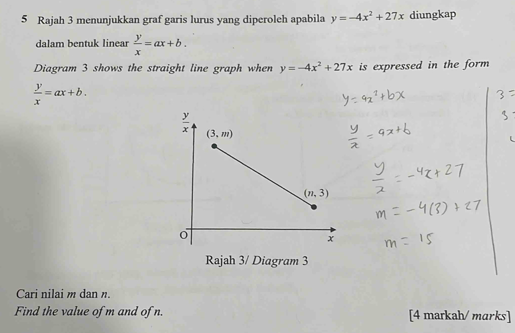 Rajah 3 menunjukkan graf garis lurus yang diperoleh apabila y=-4x^2+27x diungkap
dalam bentuk linear  y/x =ax+b.
Diagram 3 shows the straight line graph when y=-4x^2+27x is expressed in the form
 y/x =ax+b.
Rajah 3/ Diagram 3
Cari nilai m dan n.
Find the value of m and of n. [4 markah/ marks]