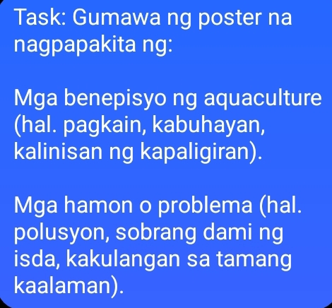 Solved: Task: Gumawa ng poster na nagpapakita ng: Mga benepisyo ng ...