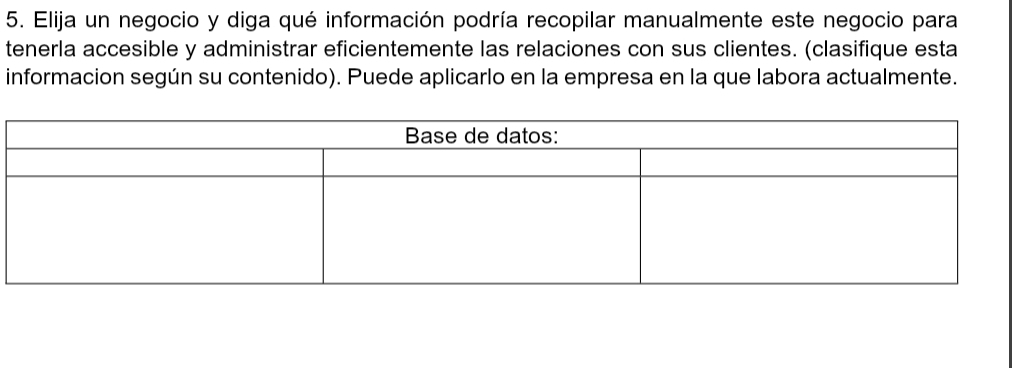 Elija un negocio y diga qué información podría recopilar manualmente este negocio para 
tenerla accesible y administrar eficientemente las relaciones con sus clientes. (clasifique esta 
informacion según su contenido). Puede aplicarlo en la empresa en la que labora actualmente.